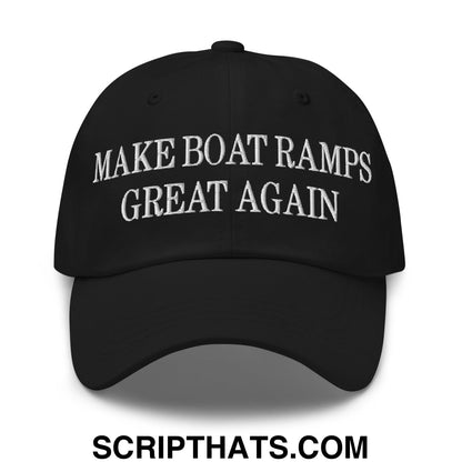 Black unstructured dad hat with white embroidered text make boat ramps great again for casual wear