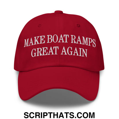 Red embroidered unstructured dad hat featuring make boat ramps great again text for casual outdoor use