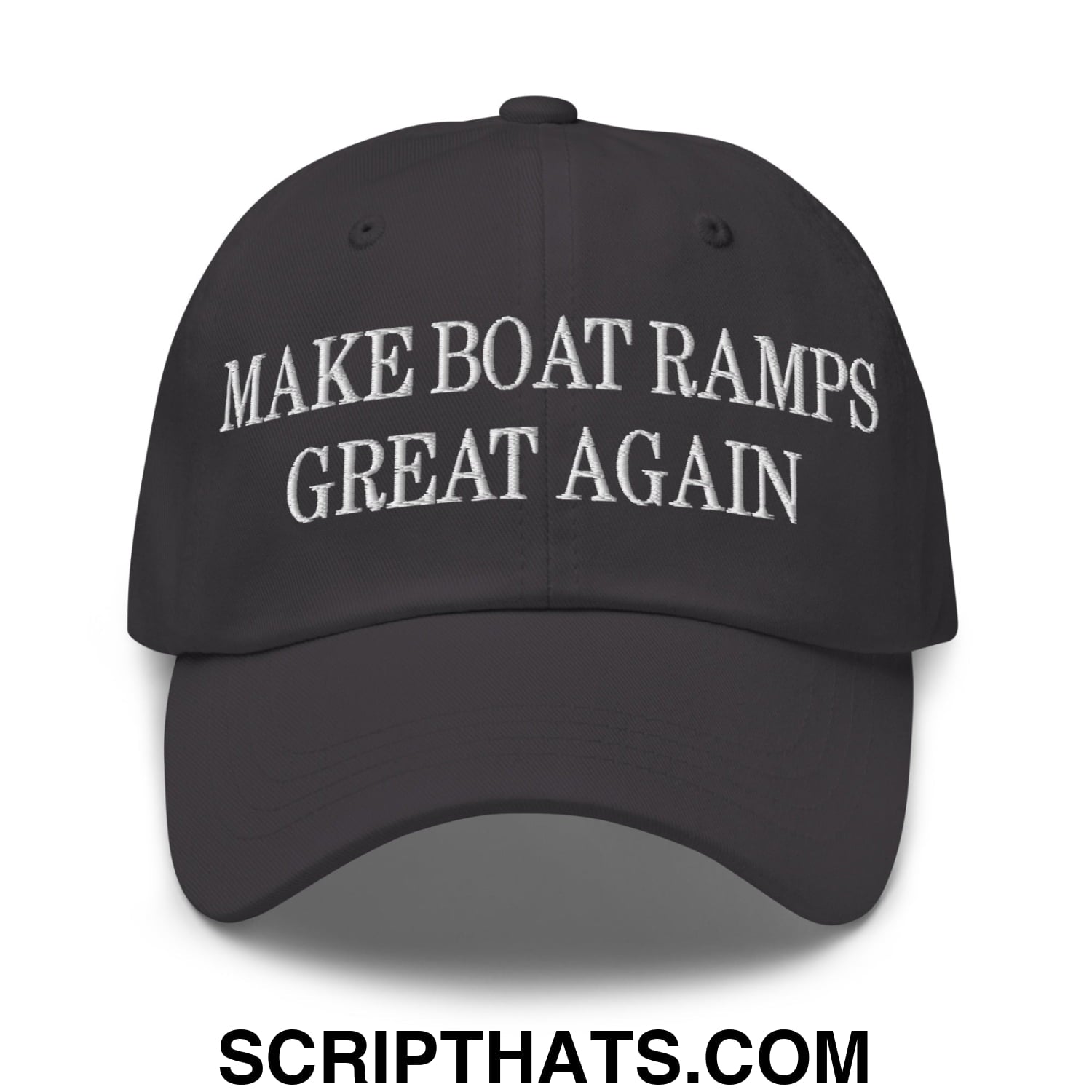 Black embroidered make boat ramps great again text on a black unstructured dad hat baseball cap