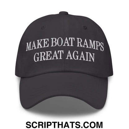 Black embroidered make boat ramps great again text on a black unstructured dad hat baseball cap