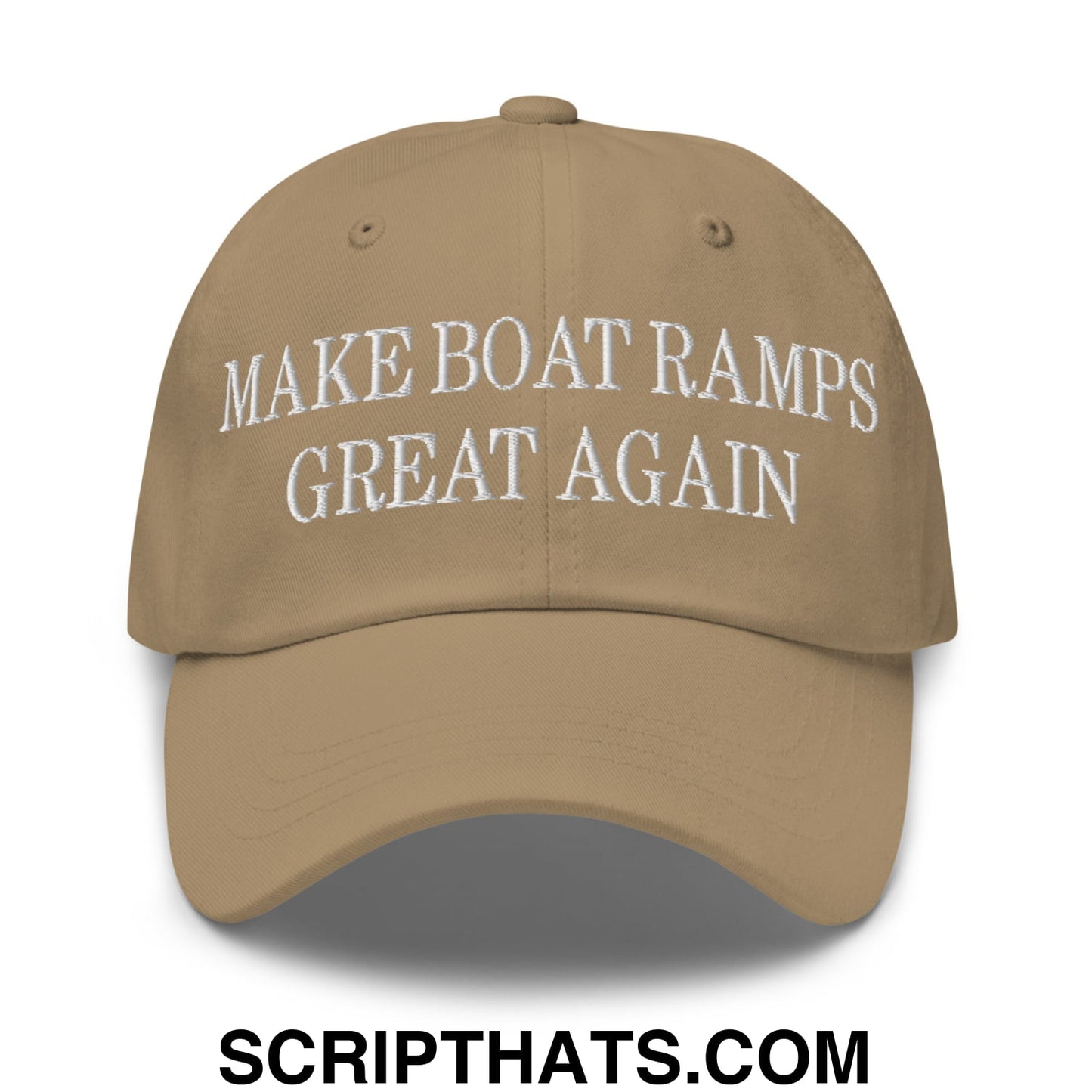 Tan embroidered unstructured dad hat with white make boat ramps great again text for casual outdoor wear