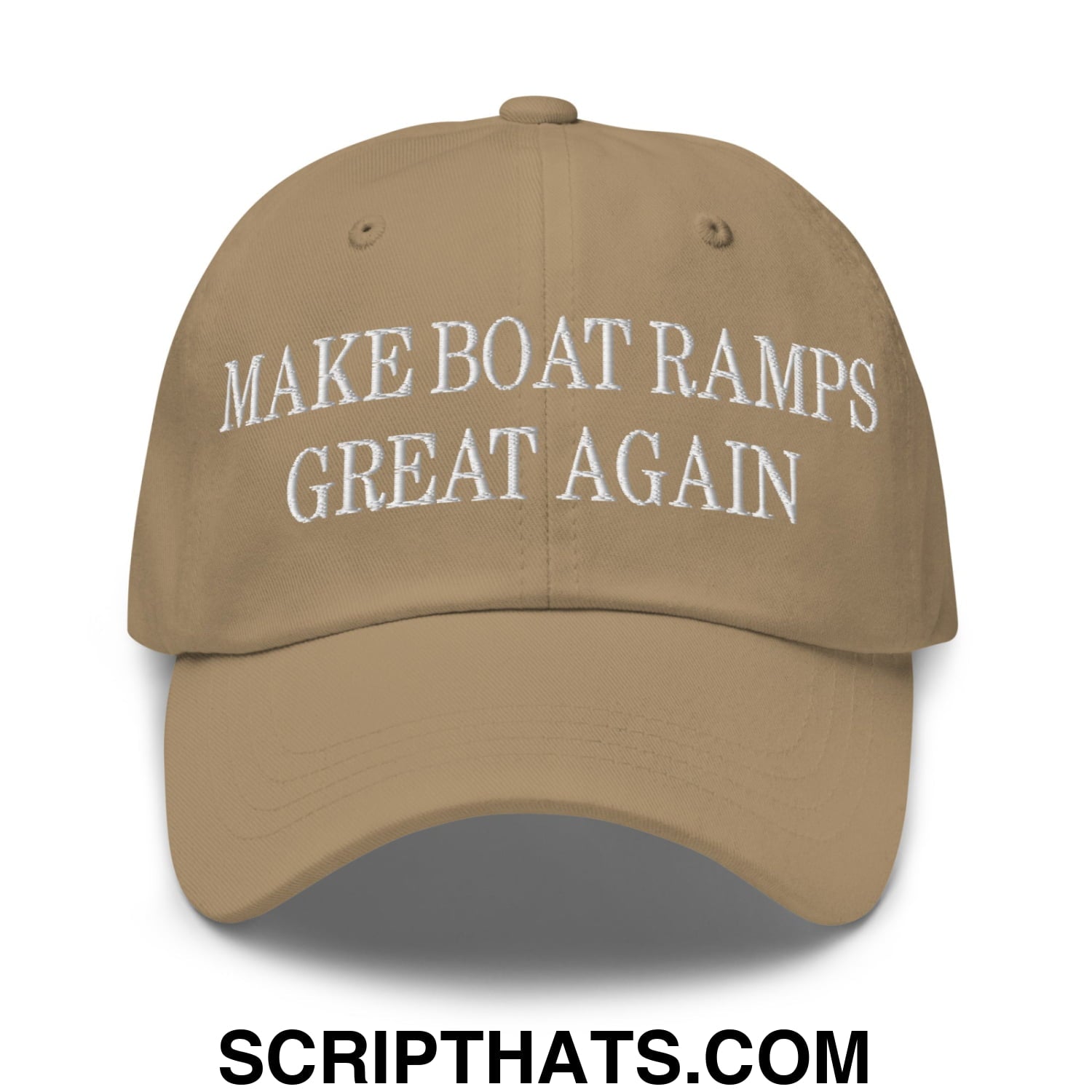 Tan embroidered unstructured dad hat with white make boat ramps great again text for casual outdoor wear
