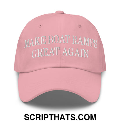 A soft pink unstructured dad hat with white embroidered text make boat ramps great again on the front