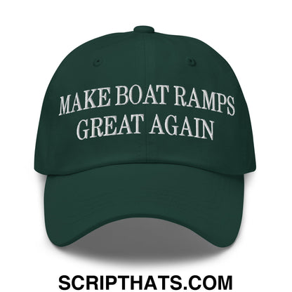 Dark green embroidered unstructured dad hat with white text make boat ramps great again for casual wear