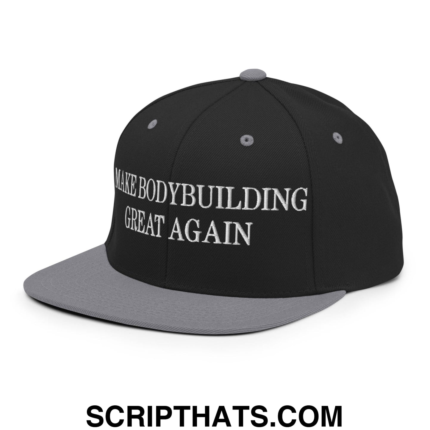 Make Bodybuilding Great Again Embroidered Flat Bill Brim Snapback Hat Black Silver