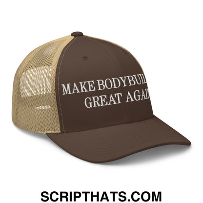 Brown and tan mesh trucker hat with white embroidered make bodybuilding great again text on the front panel