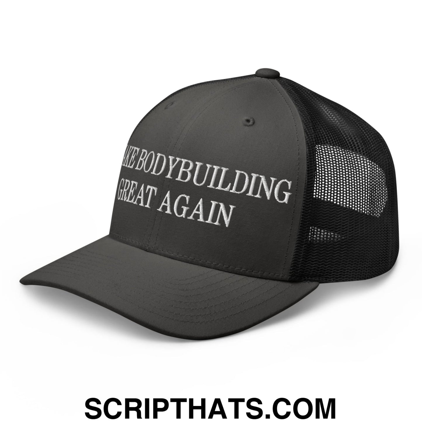 Black embroidered mesh trucker hat with white make bodybuilding great again text on front panel