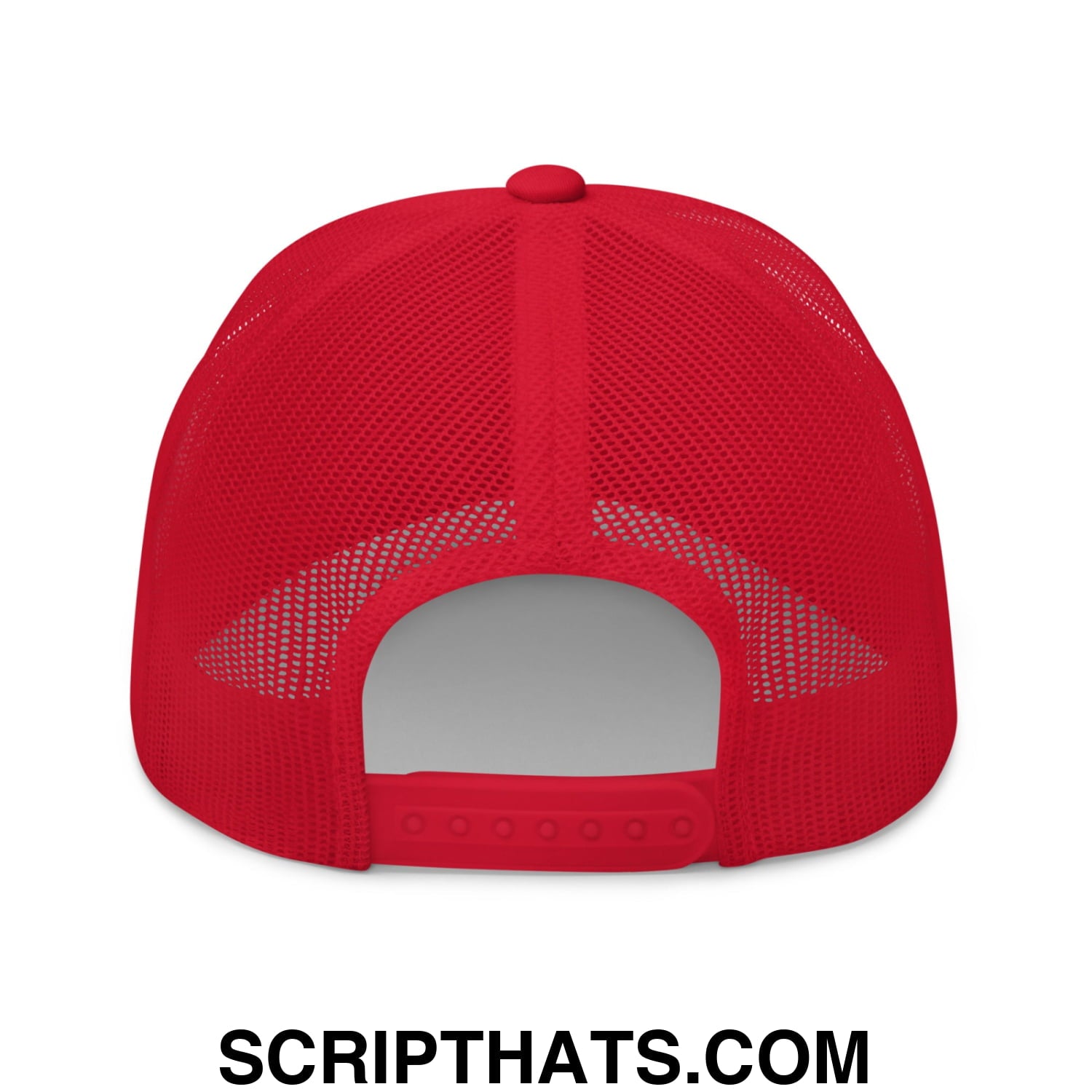 Red mesh trucker hat with solid red back panel and adjustable strap showing the back side in bodybuilding style