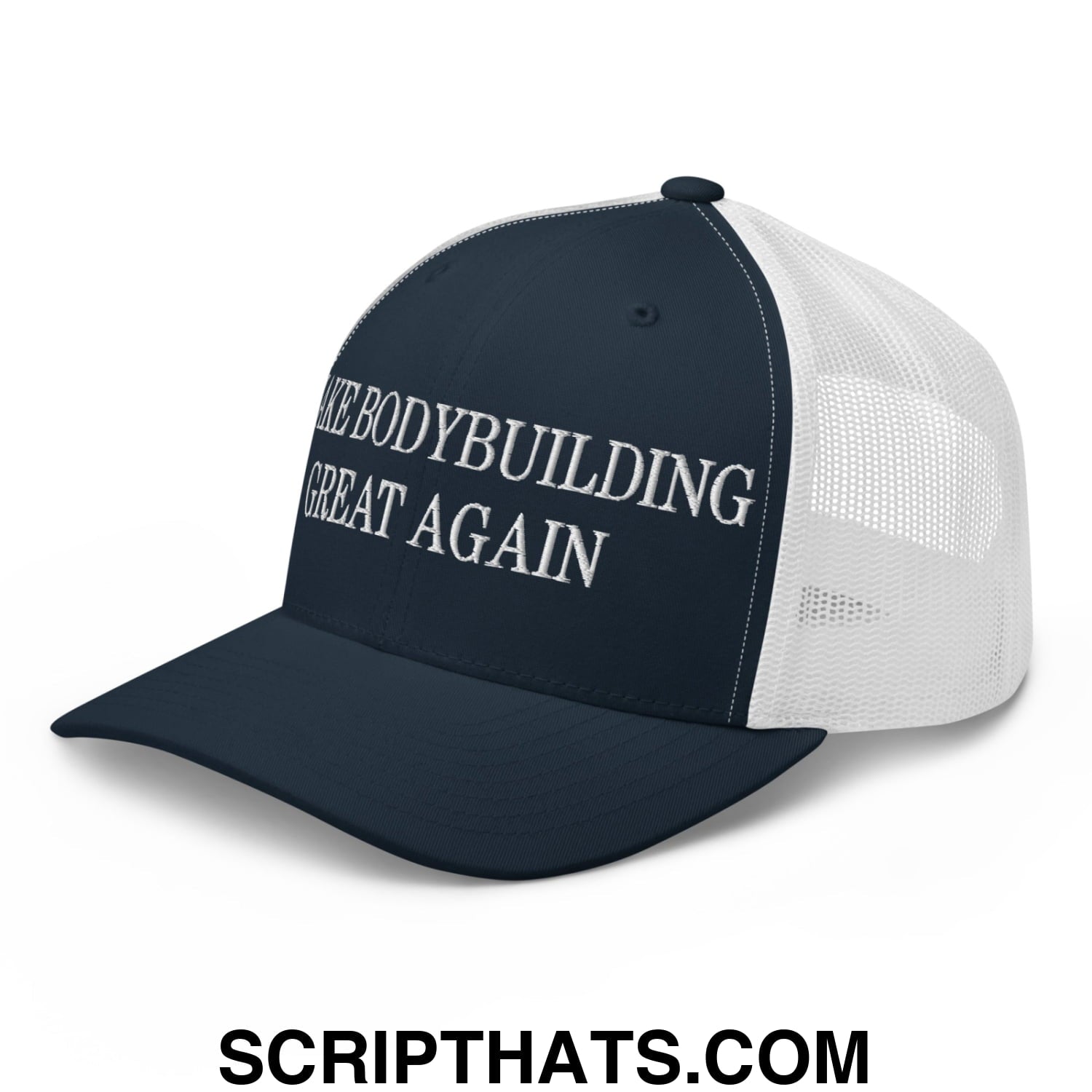 Navy blue and white mesh trucker hat with embroidered make bodybuilding great again text in bold capital letters
