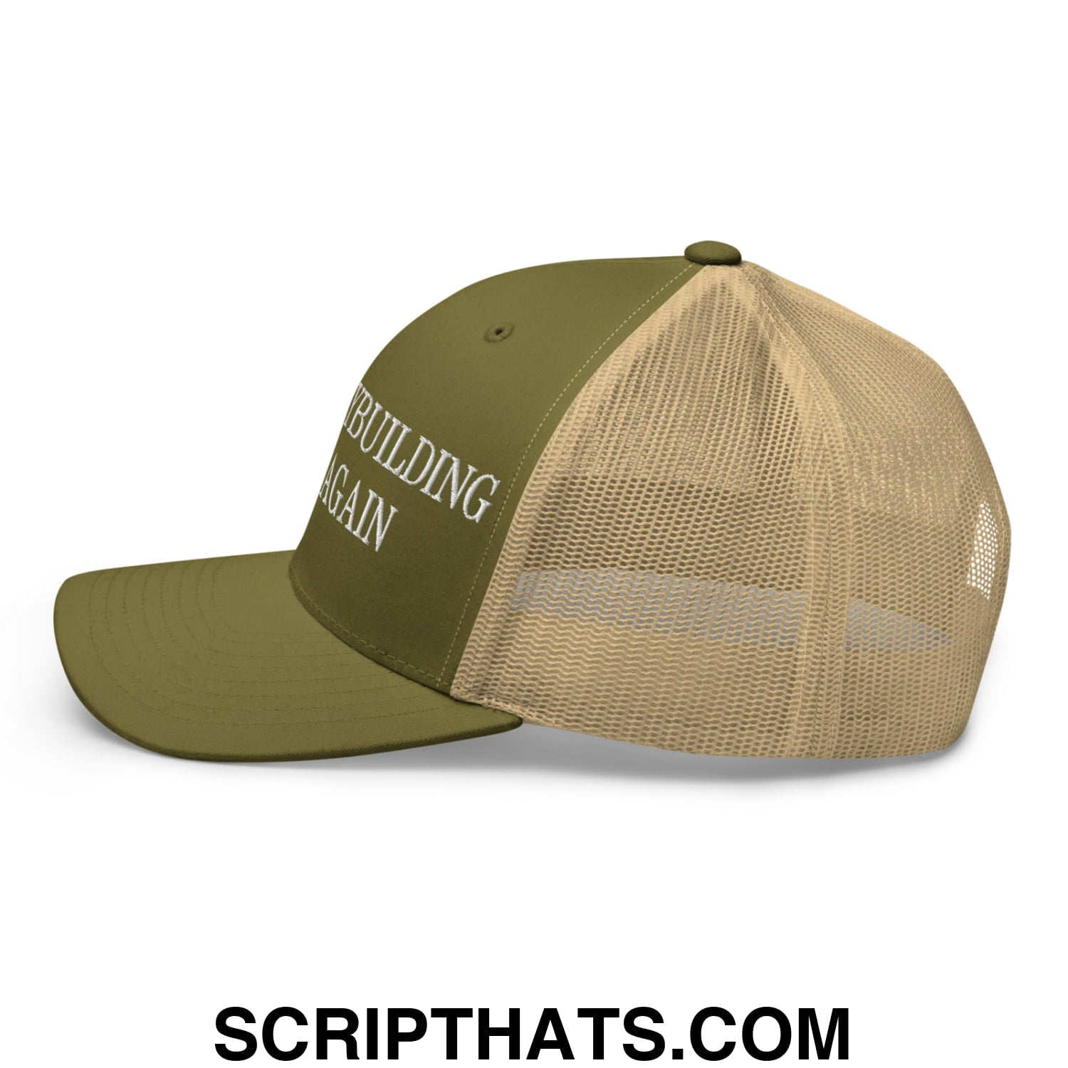 Olive green and tan mesh trucker hat with white embroidered building again text for bodybuilding enthusiasts