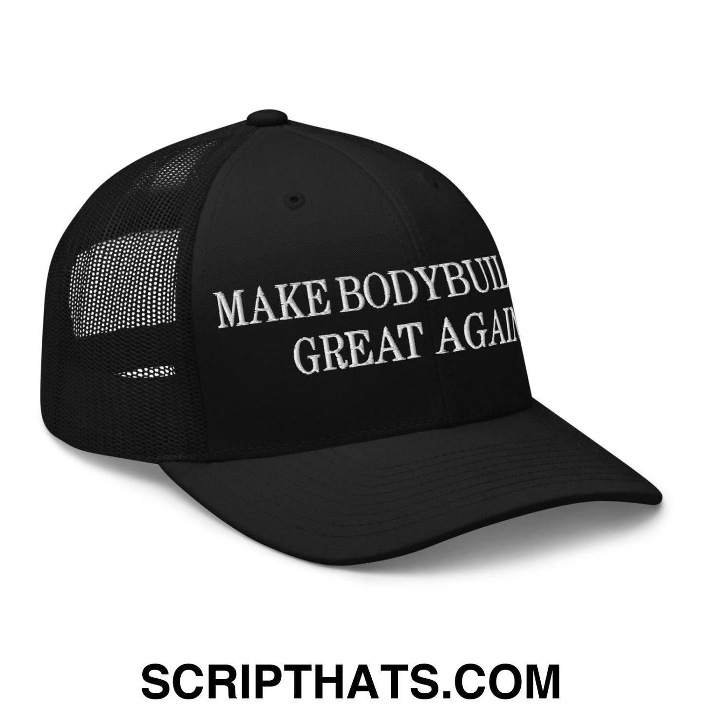 Black embroidered mesh trucker hat with white make bodybuilding great again text on front panel