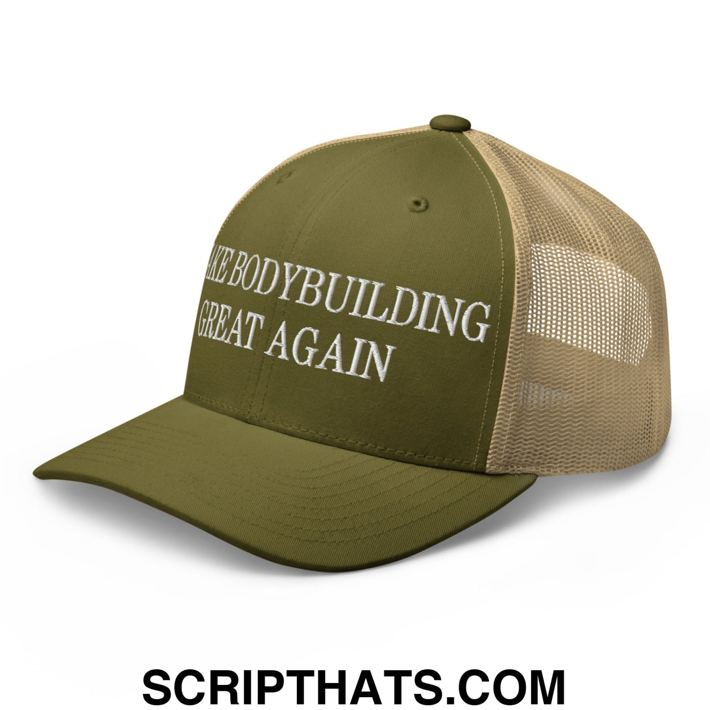 Olive green and tan mesh trucker hat with white embroidered make bodybuilding great again text on the front