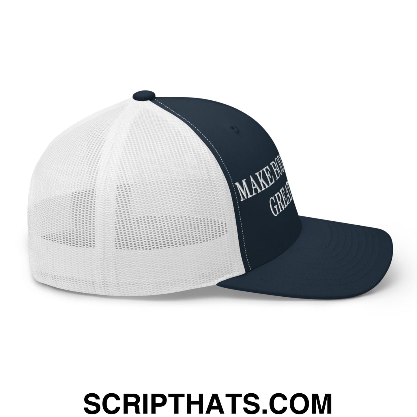 Navy blue and white mesh trucker hat with make america great again embroidered in silver thread on front panel