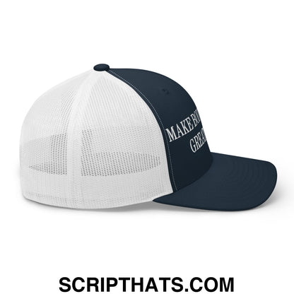 Navy blue and white mesh trucker hat with make america great again embroidered in silver thread on front panel