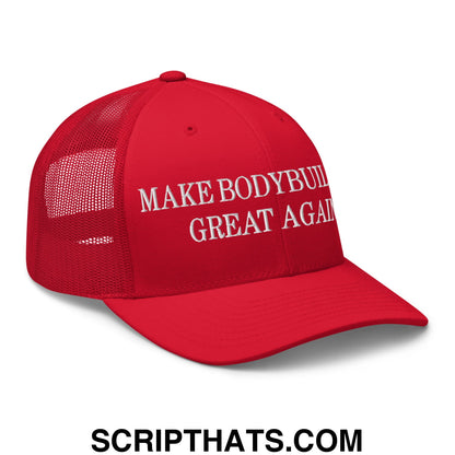 Red embroidered mesh trucker hat with white text reading make bodybuilding great again on the front
