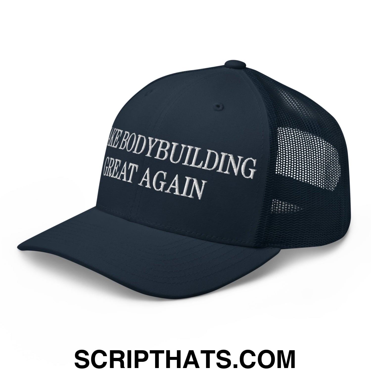 Dark navy mesh trucker hat with white embroidered make bodybuilding great again text on front panels