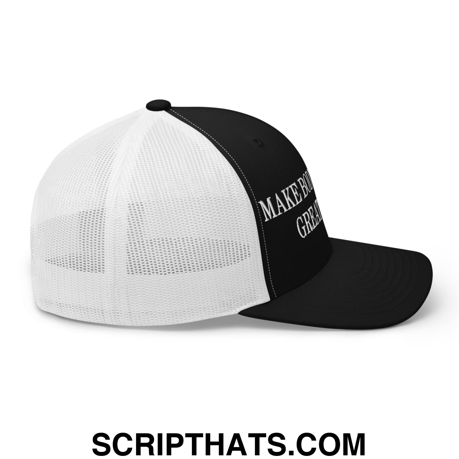 Black and white mesh trucker hat with make america great again embroidered in silver thread on the front panel