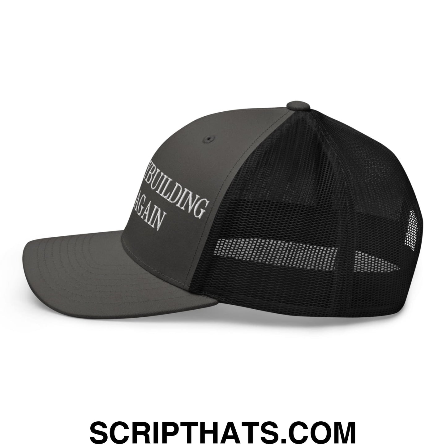 Dark gray and black mesh trucker hat with white embroidered rebuilding again text for bodybuilding enthusiasts