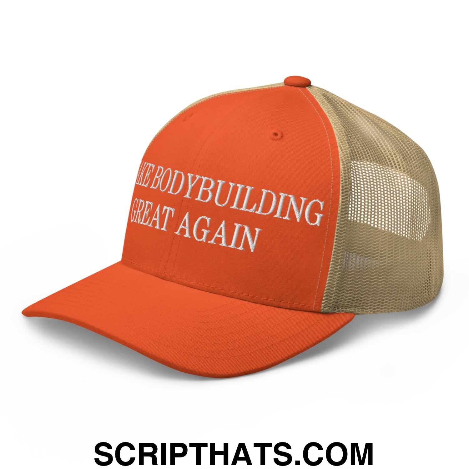 Orange and beige mesh trucker hat with white embroidered make bodybuilding great again text on the front