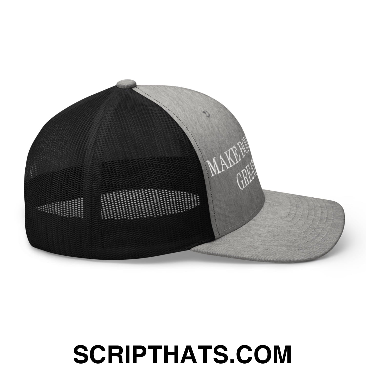 Gray and black mesh trucker hat with make Britain great again embroidered in white on the front panel