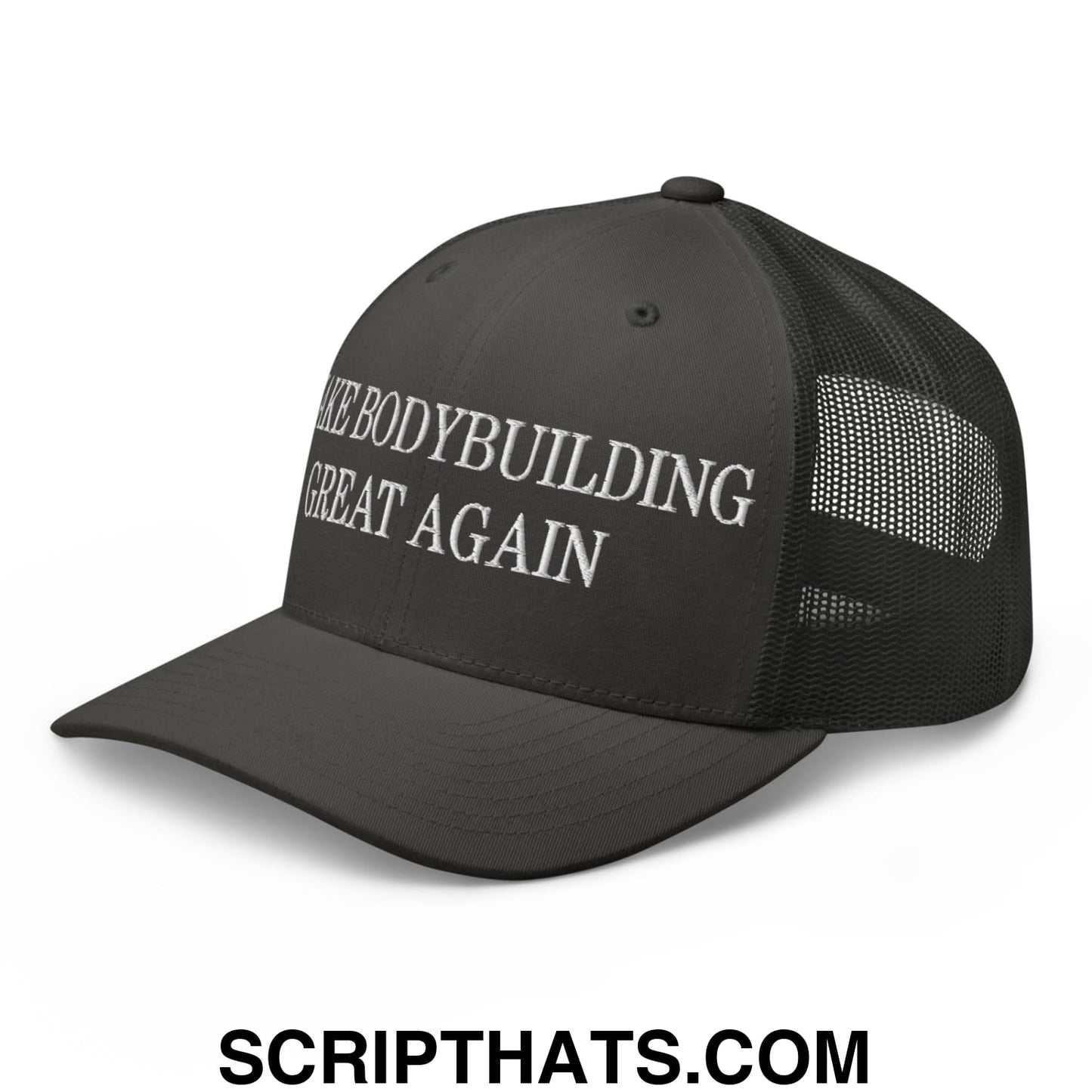 Black mesh trucker hat with white embroidered make bodybuilding great again text on the front panel