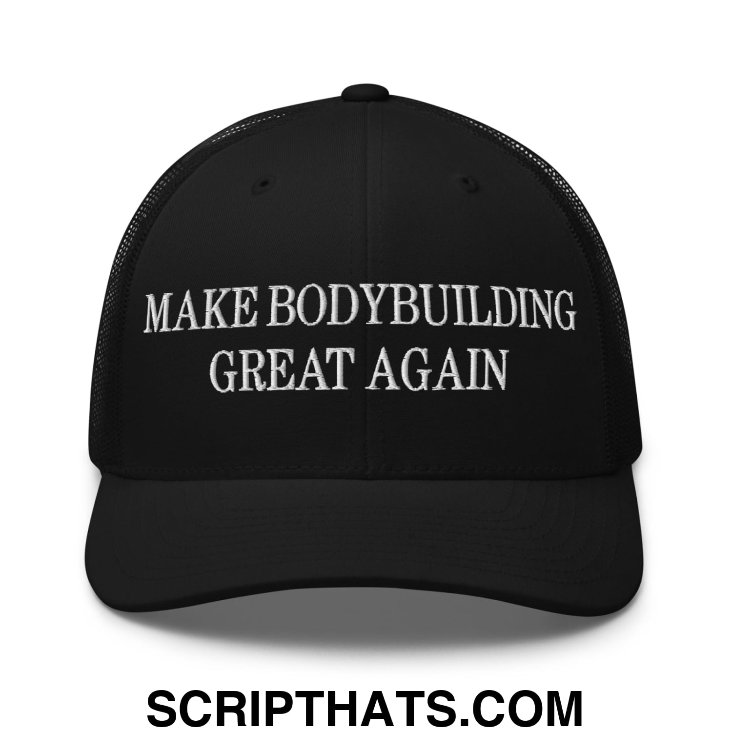 Black mesh trucker hat with white embroidered make bodybuilding great again text on the front panel