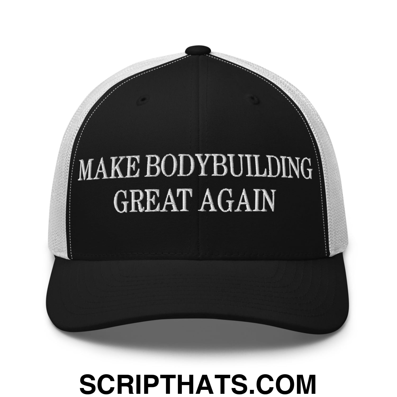 Black and white mesh trucker hat with embroidered make bodybuilding great again text in bold capital letters