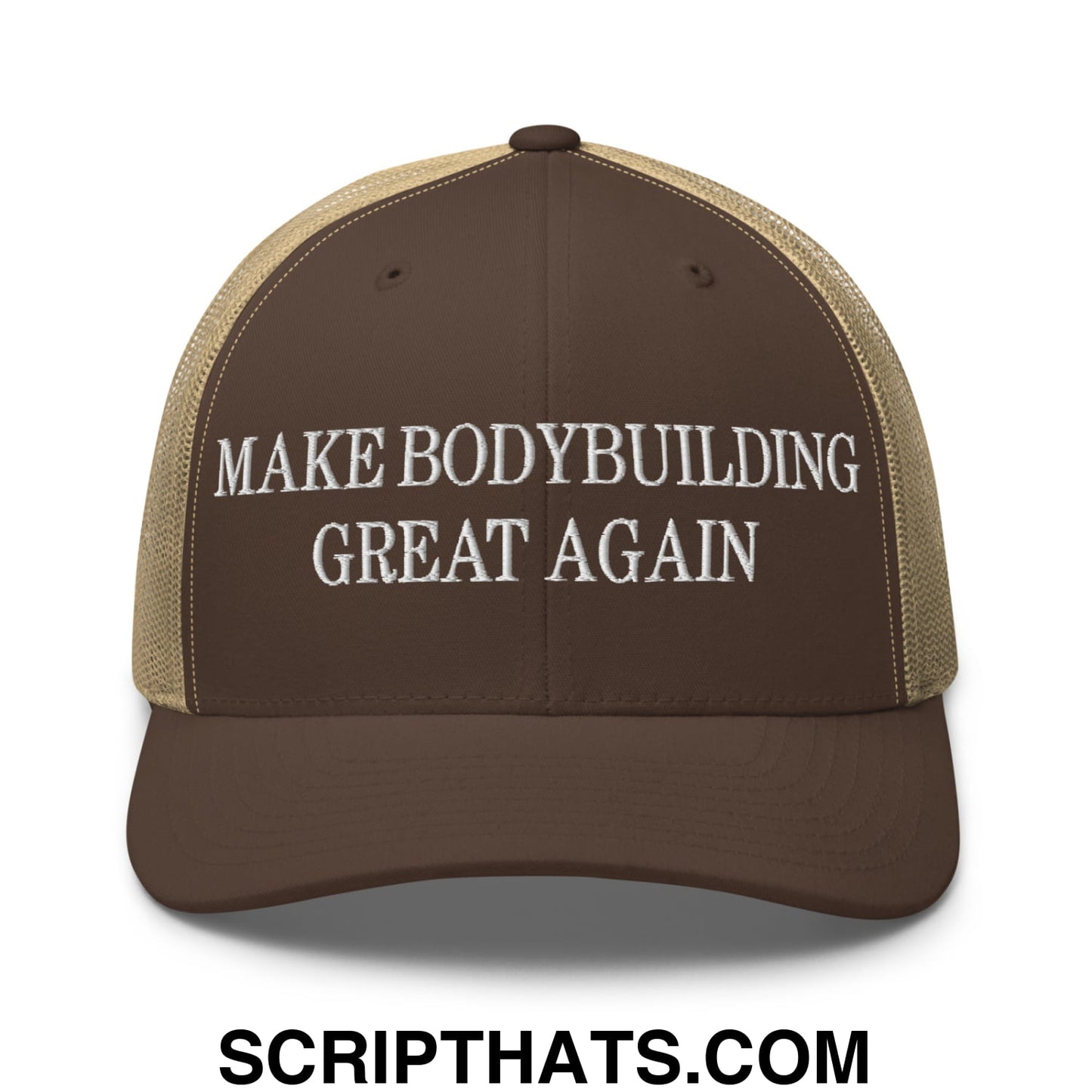 Brown and tan mesh trucker hat with white embroidered make bodybuilding great again text for bodybuilding fans
