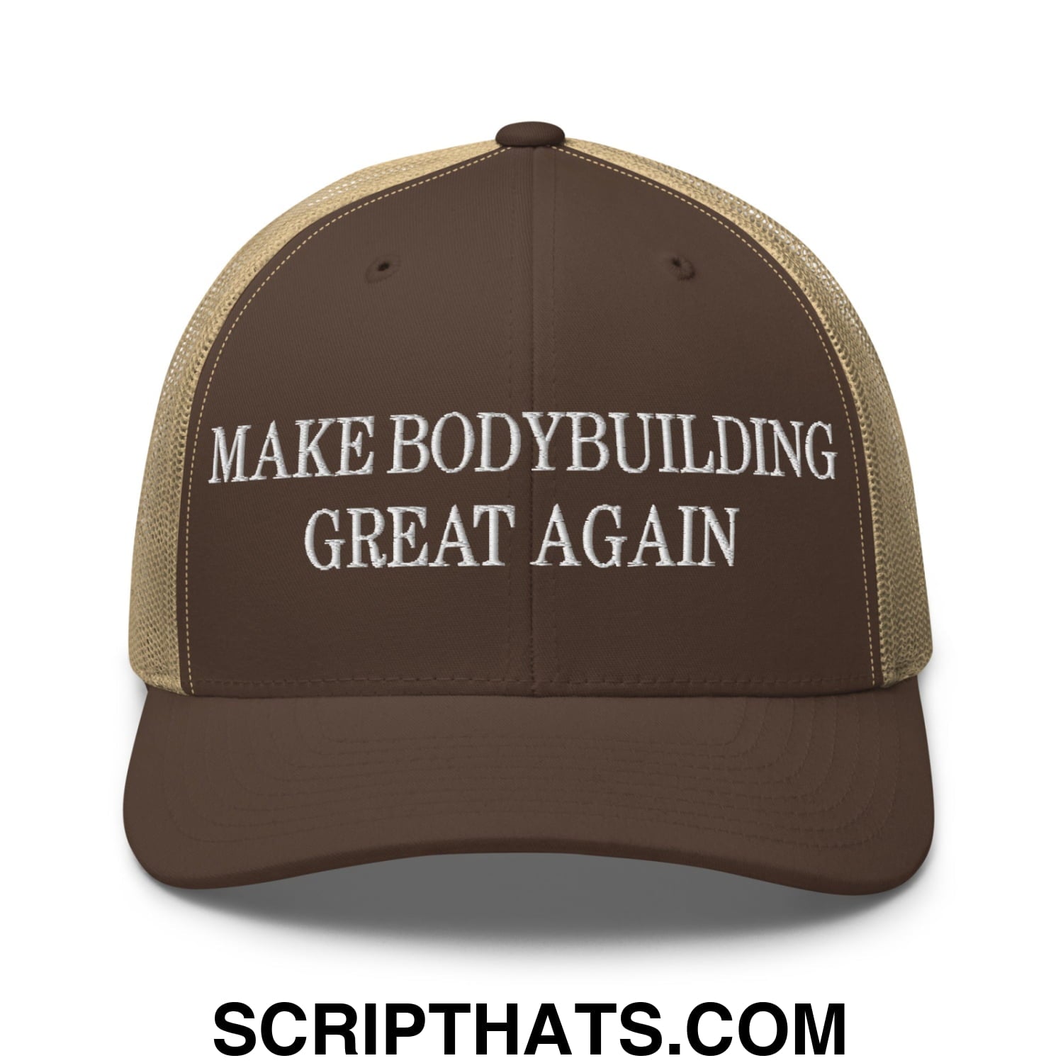 Brown and tan mesh trucker hat with white embroidered make bodybuilding great again text for bodybuilding fans
