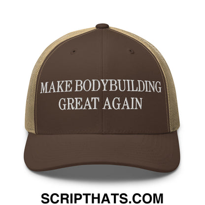 Brown and tan mesh trucker hat with white embroidered make bodybuilding great again text for bodybuilding fans