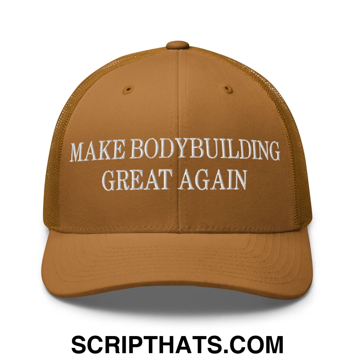 A tan mesh trucker hat with white embroidered make bodybuilding great again text on the front