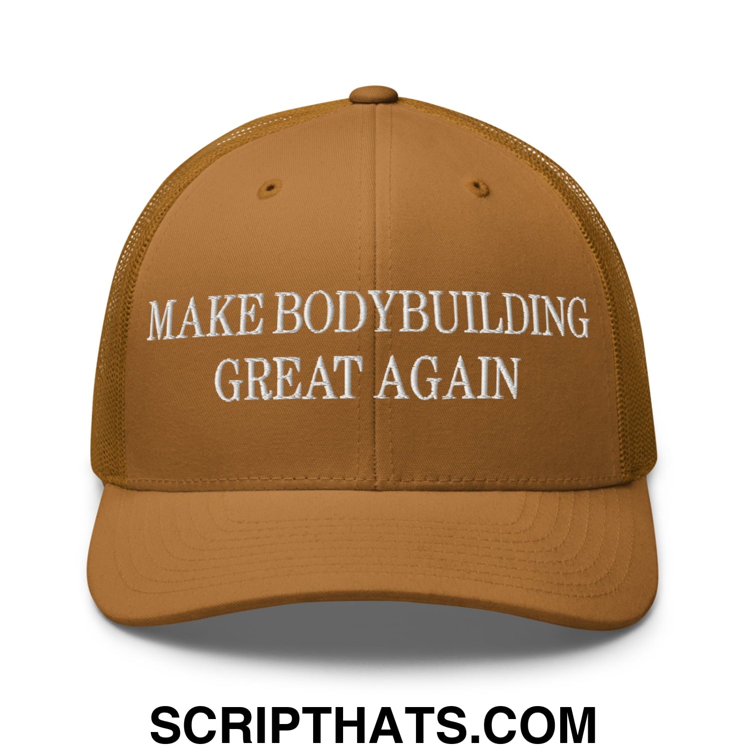 A tan mesh trucker hat with white embroidered make bodybuilding great again text on the front