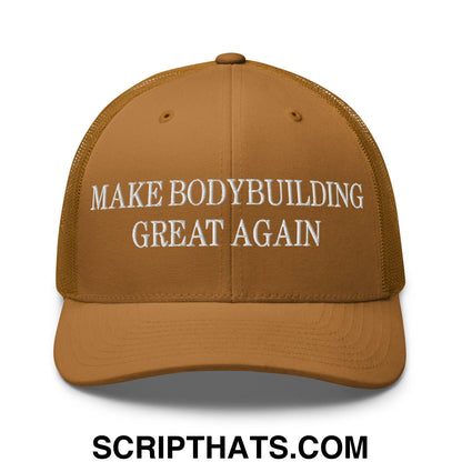 A tan mesh trucker hat with white embroidered make bodybuilding great again text on the front