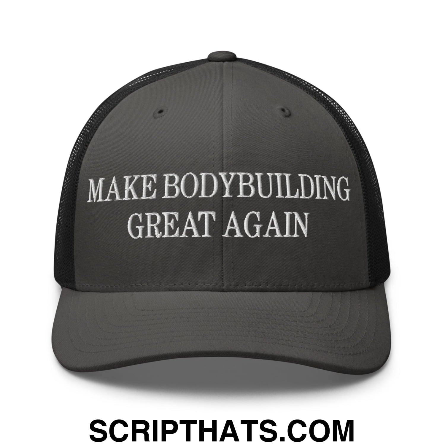 Dark gray mesh trucker hat with white embroidered make bodybuilding great again text on front panel