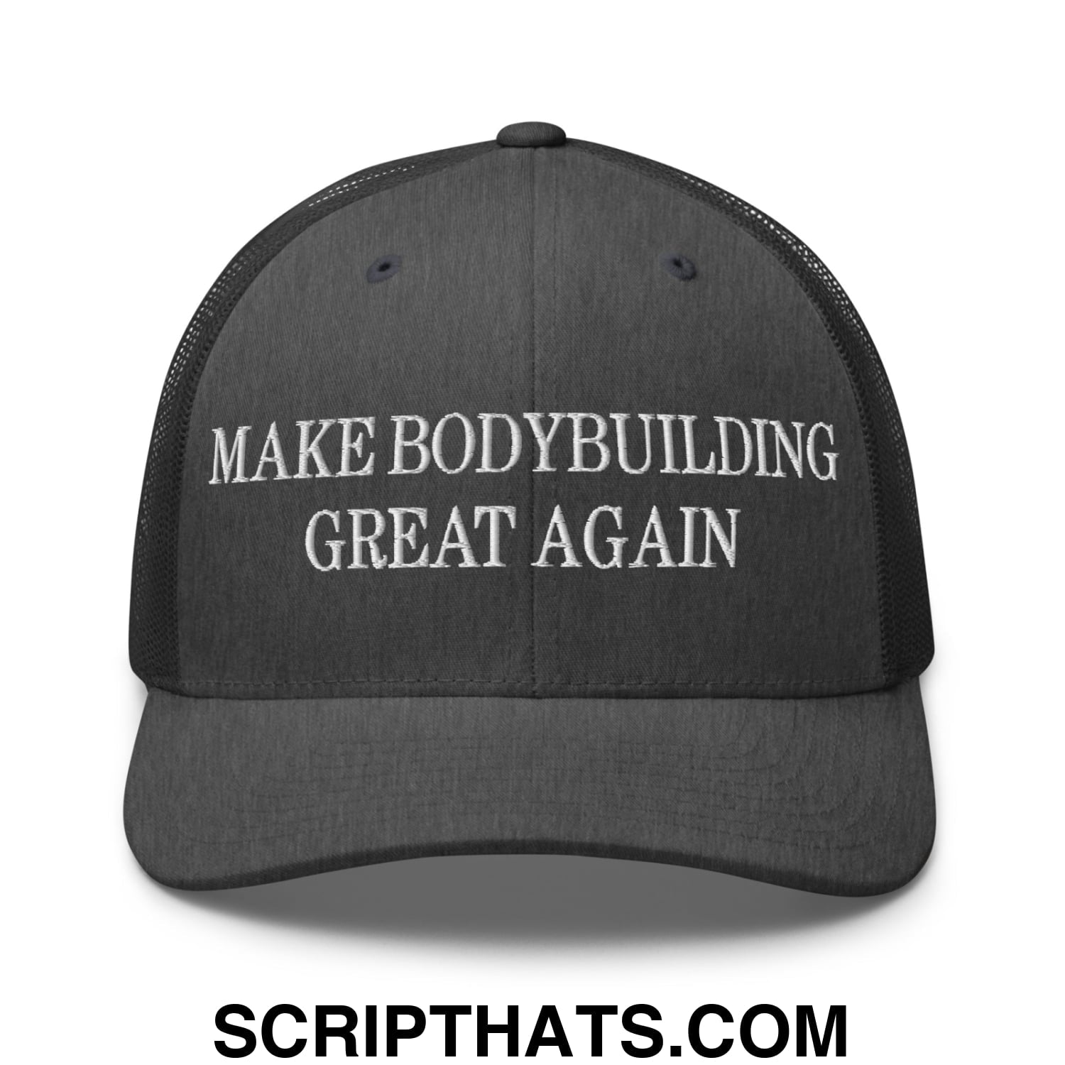 Black mesh trucker hat with white embroidered make bodybuilding great again text on front panel
