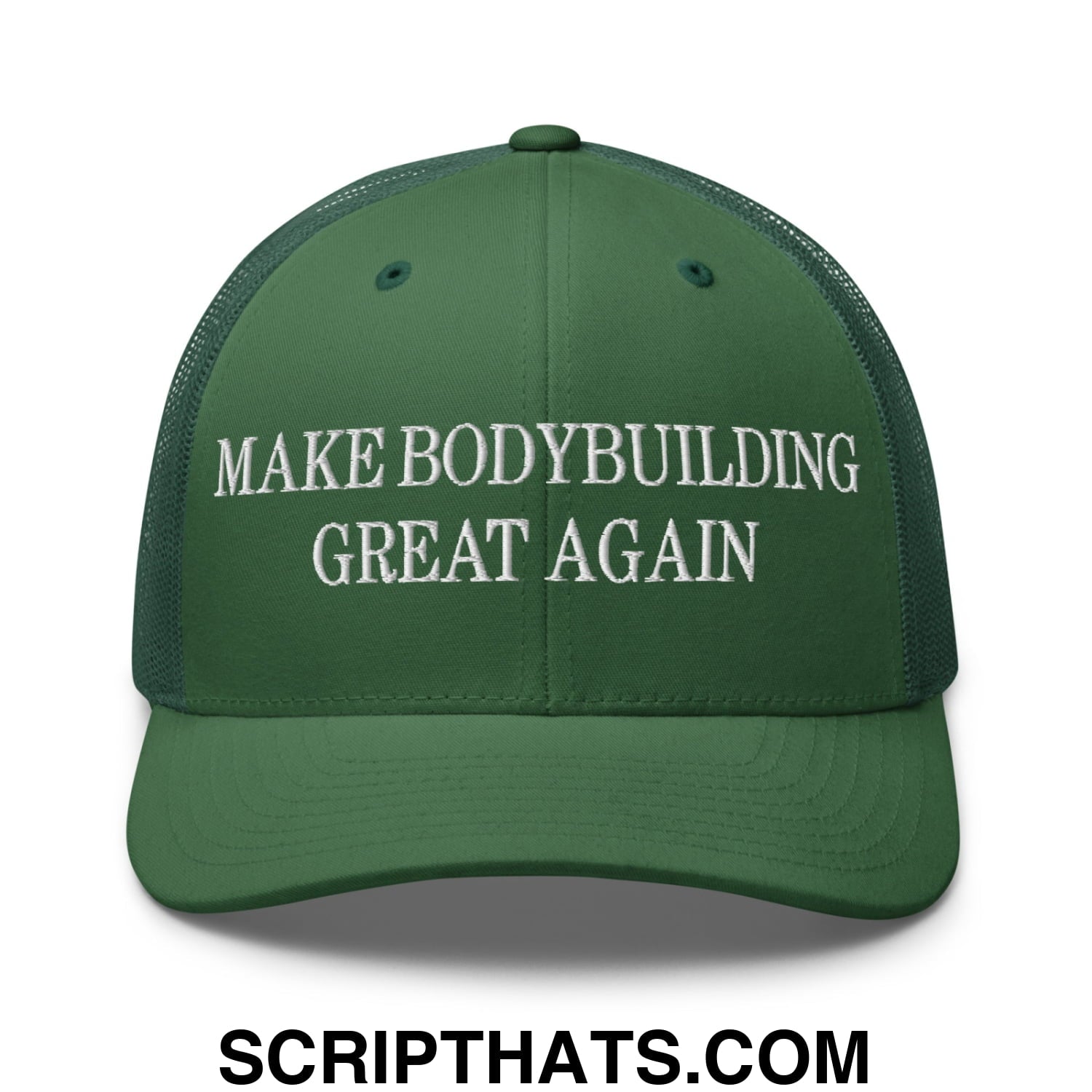 Dark green embroidered mesh trucker hat with white make bodybuilding great again text on the front