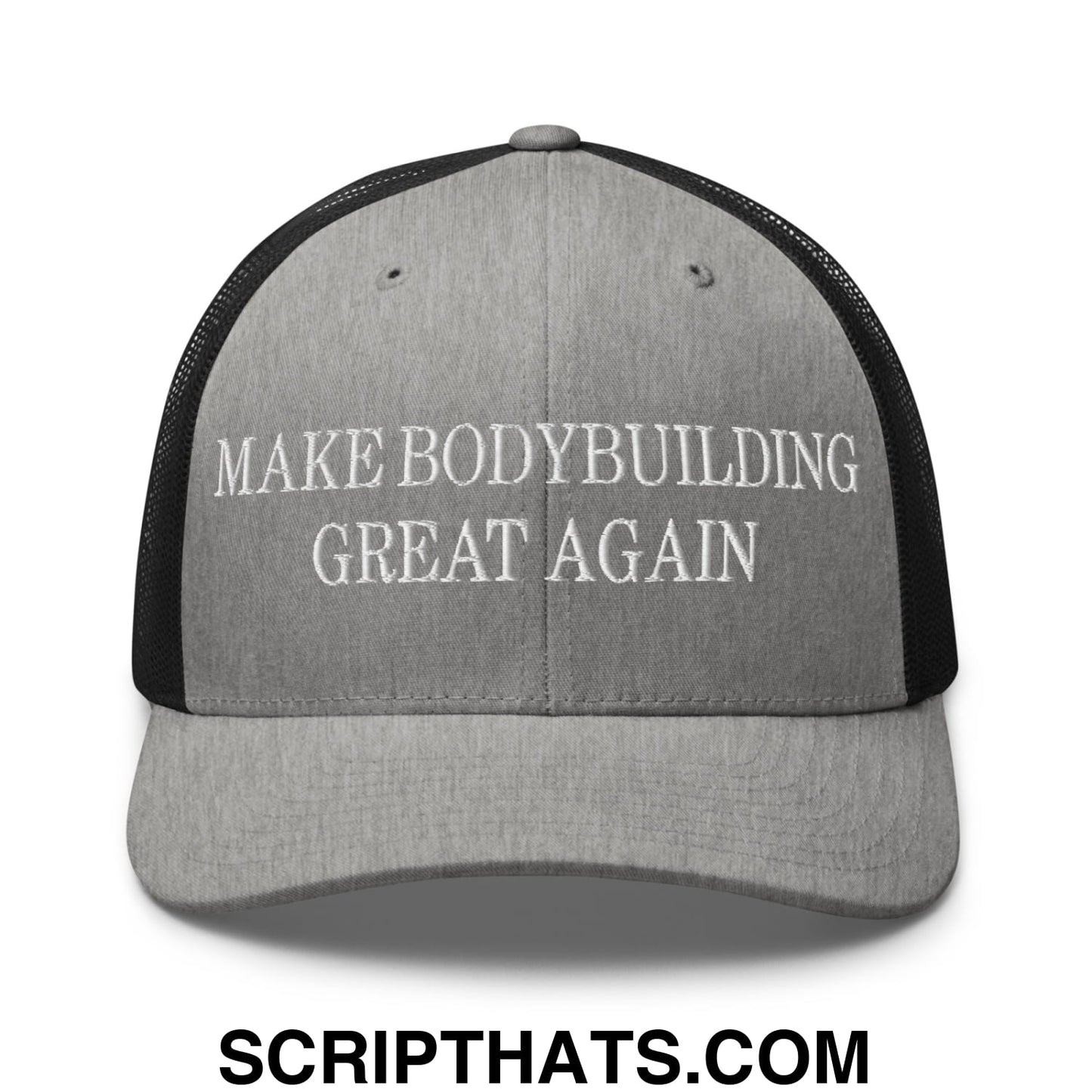 Gray and black mesh embroidered trucker hat with white make bodybuilding great again text for fitness enthusiasts