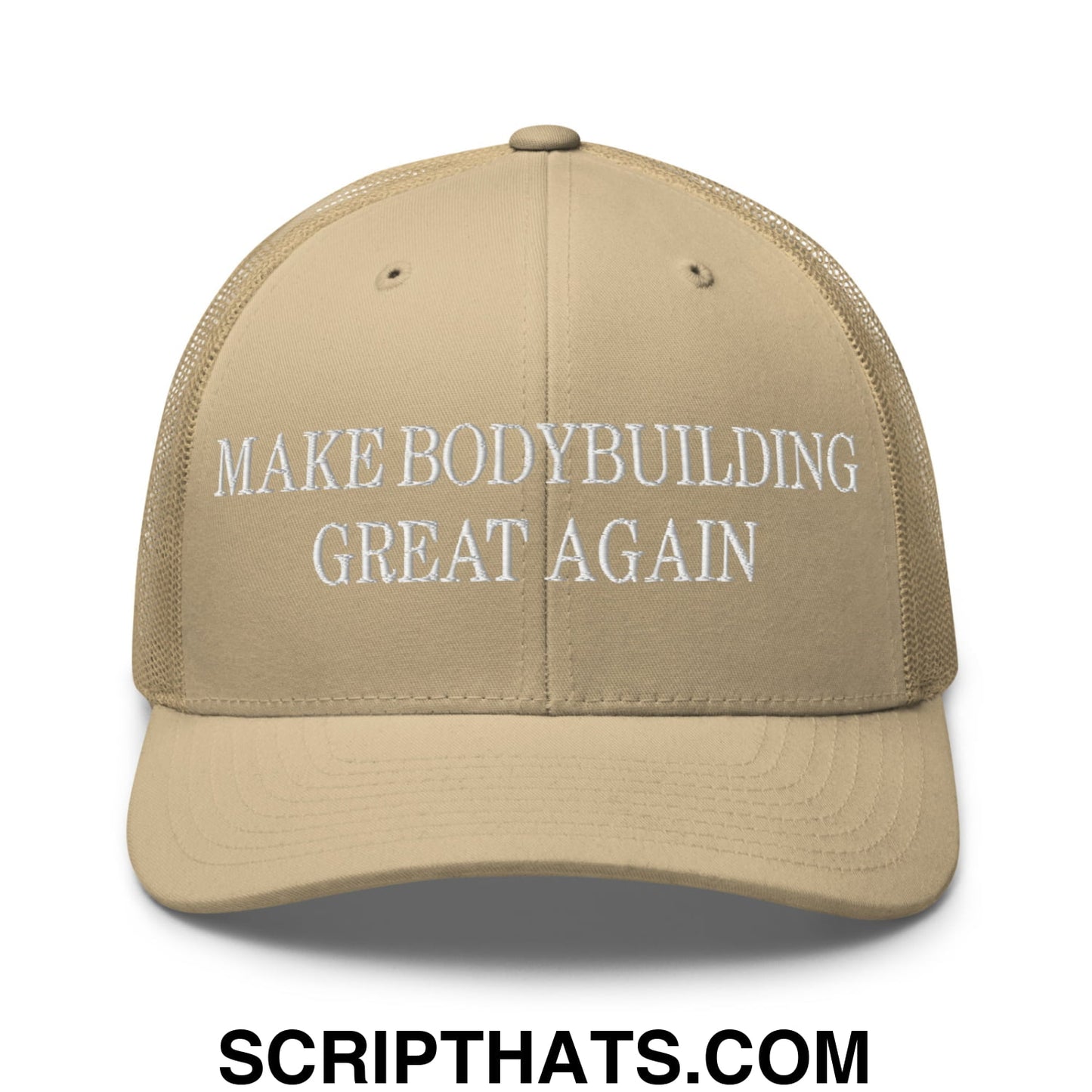 Beige mesh trucker hat with white embroidered make bodybuilding great again text on front panel