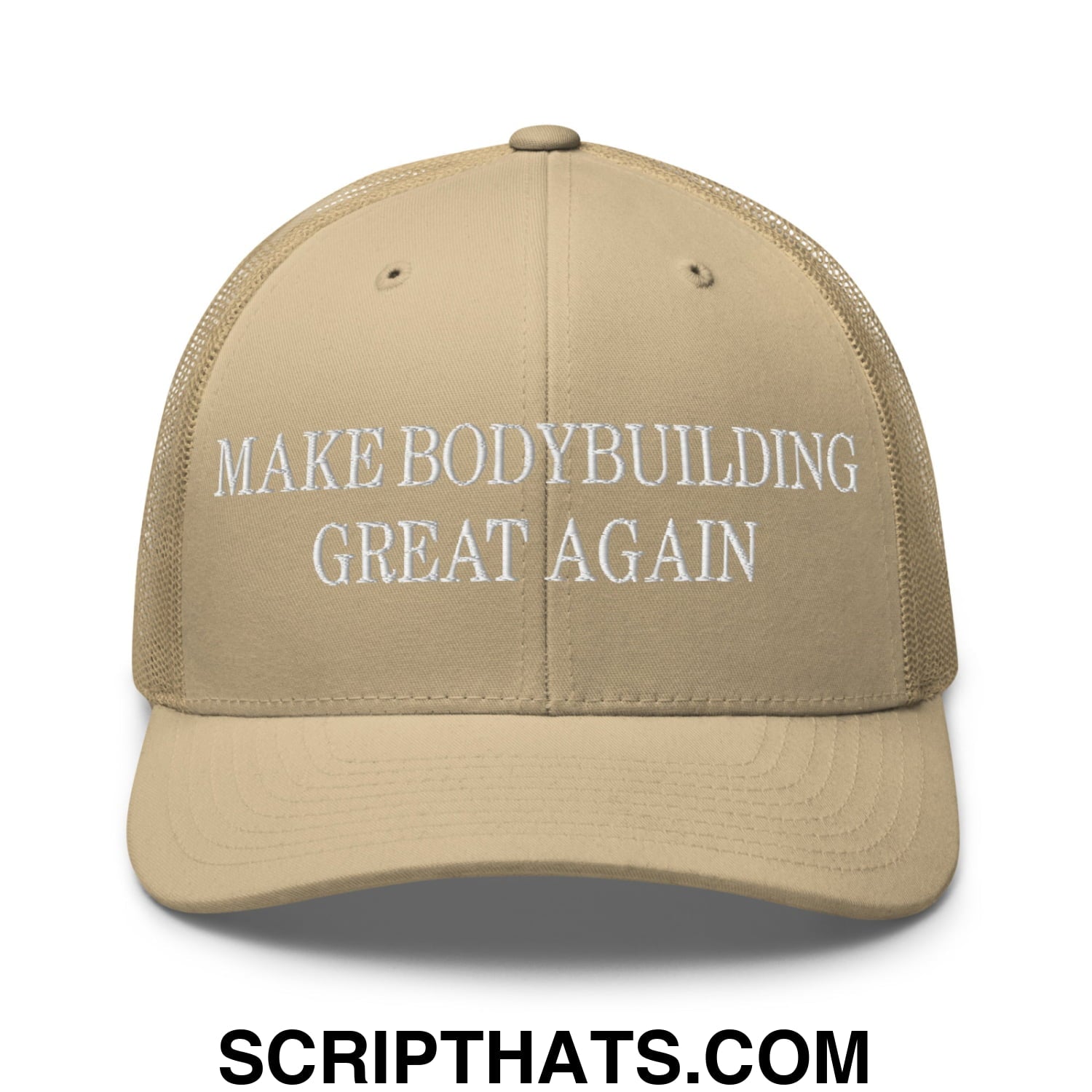 Beige mesh trucker hat with white embroidered make bodybuilding great again text on front panel
