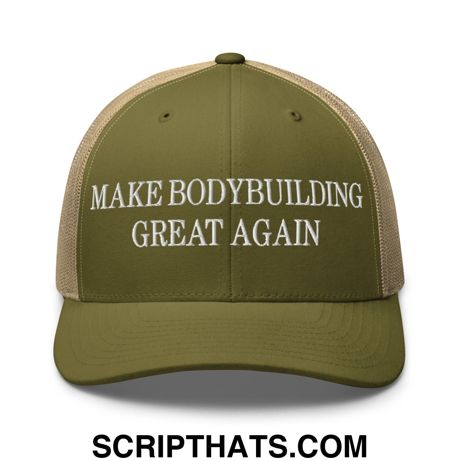 Olive green and beige mesh trucker hat with white embroidered text make bodybuilding great again