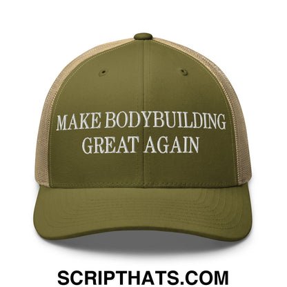 Olive green and beige mesh trucker hat with white embroidered text make bodybuilding great again