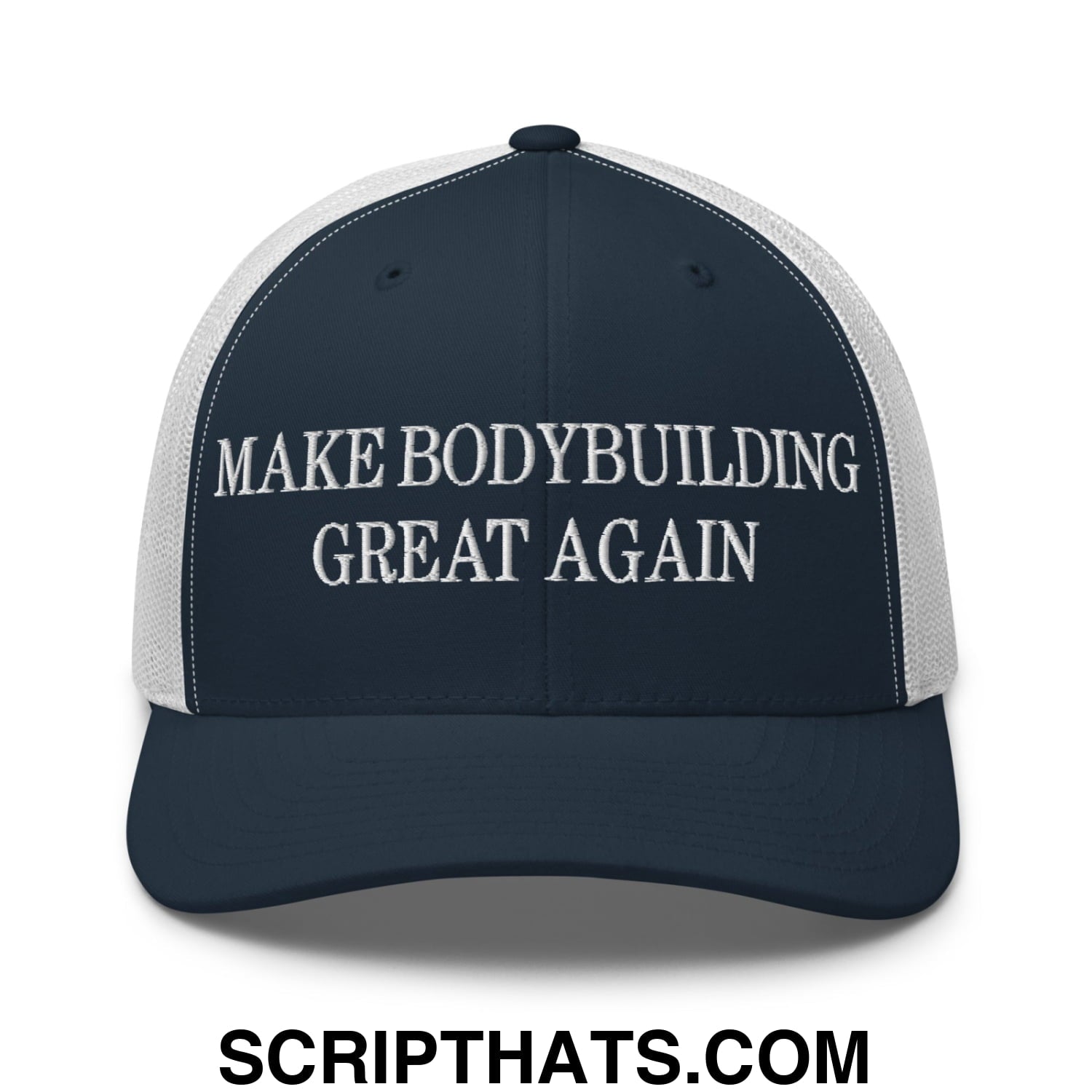 Navy blue and white mesh trucker hat with embroidered text make bodybuilding great again for fitness enthusiasts