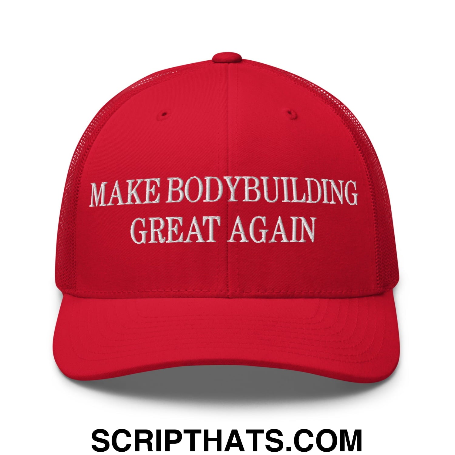 Red mesh trucker hat with white embroidered text make bodybuilding great again on the front panel