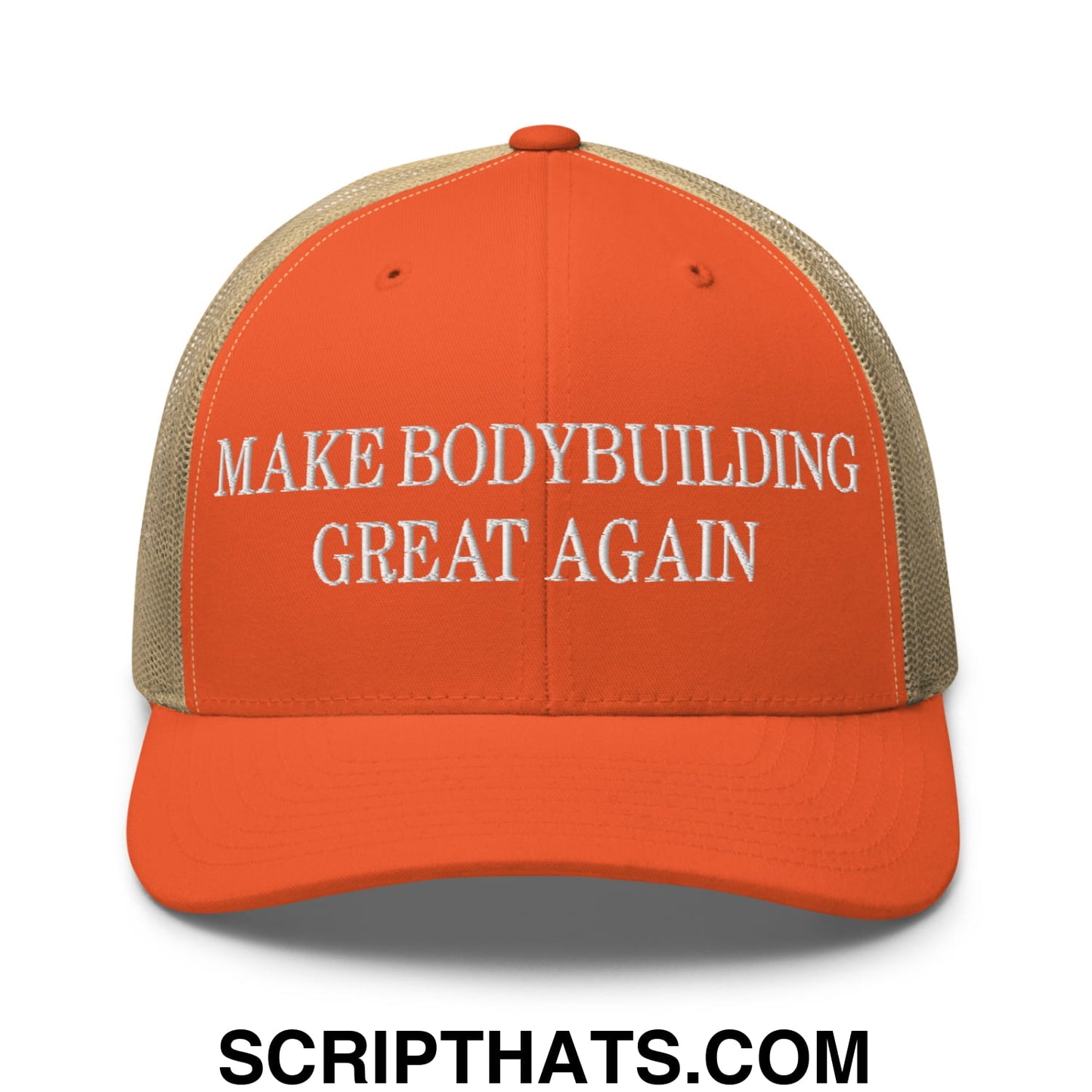 Orange and beige mesh trucker hat with white embroidered text make bodybuilding great again for bodybuilding fans