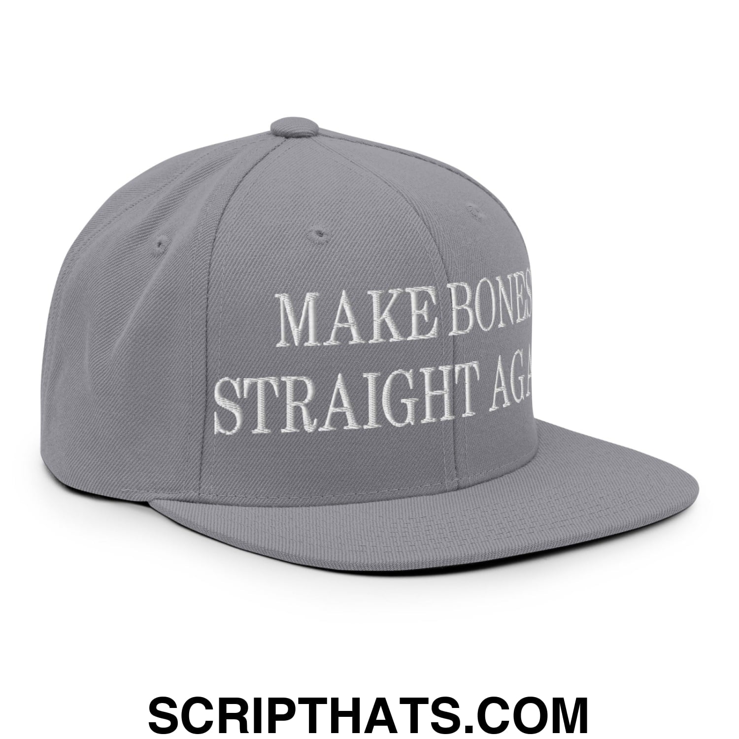 Gray snapback hat with white embroidered make bones straight again text and flat bill brim design
