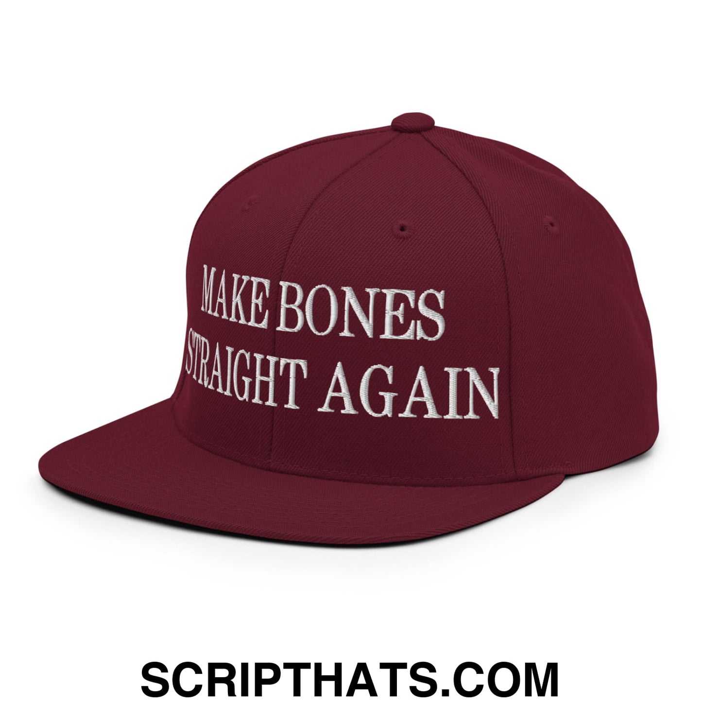 Maroon snapback hat with white embroidered make bones straight again text and flat bill brim design