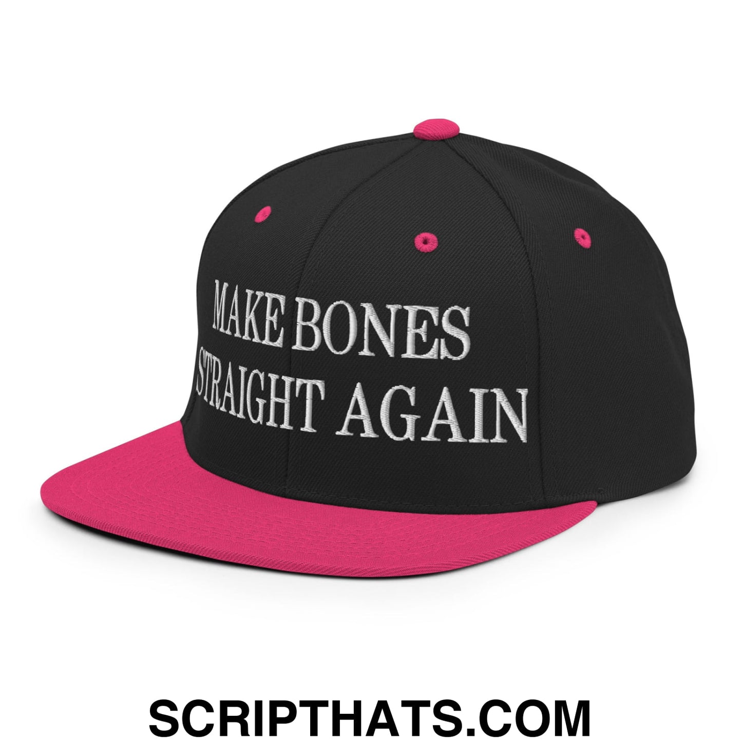 Black snapback hat with vibrant pink brim and button embroidered with white make bones straight again text