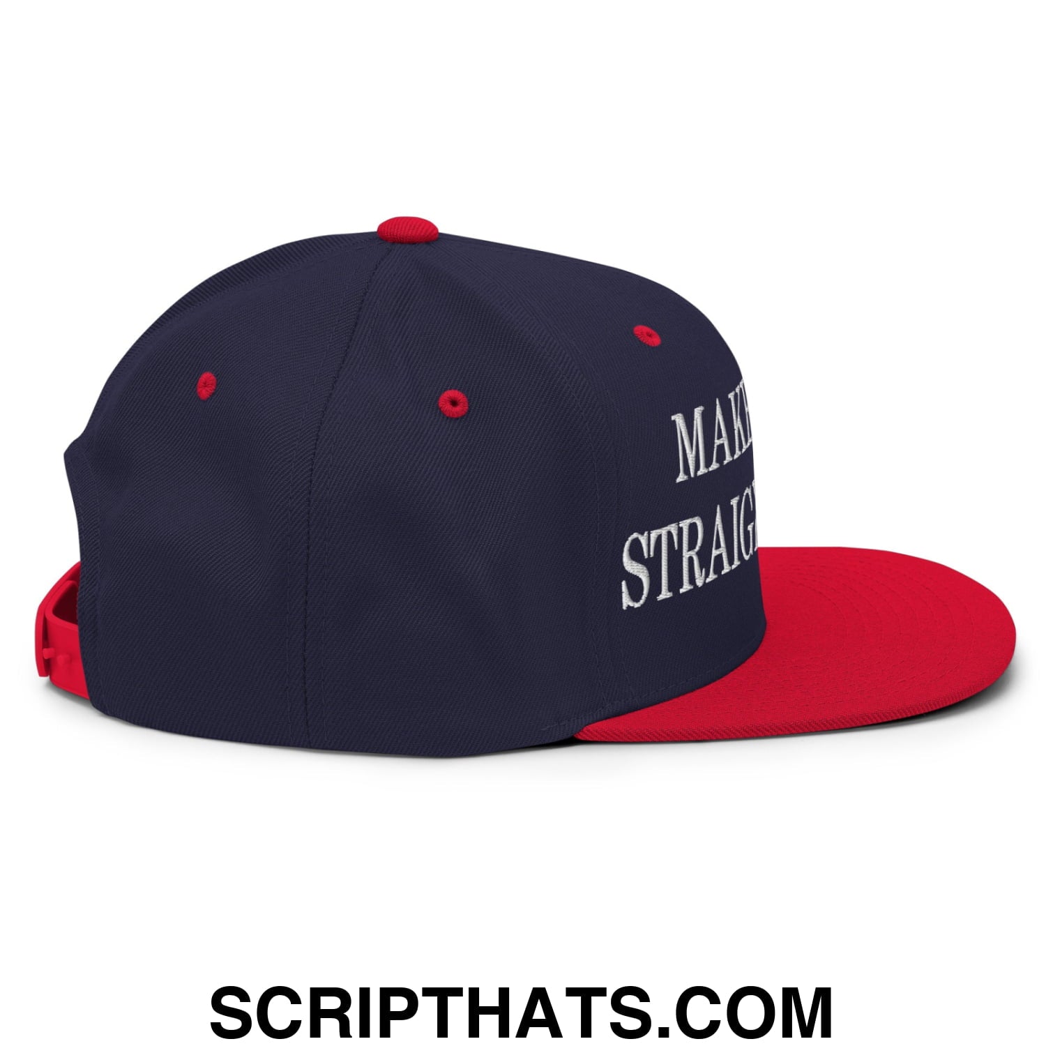 Navy blue and red snapback cap with white embroidered make straight text on the side from make bones straight again collection