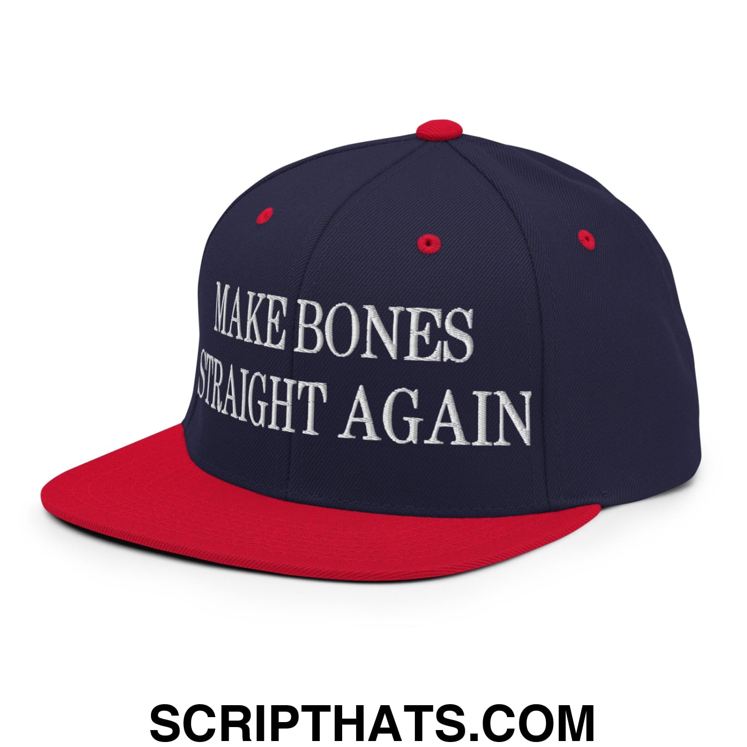 Navy blue and red snapback hat with white embroidered make bones straight again text and flat bill brim design