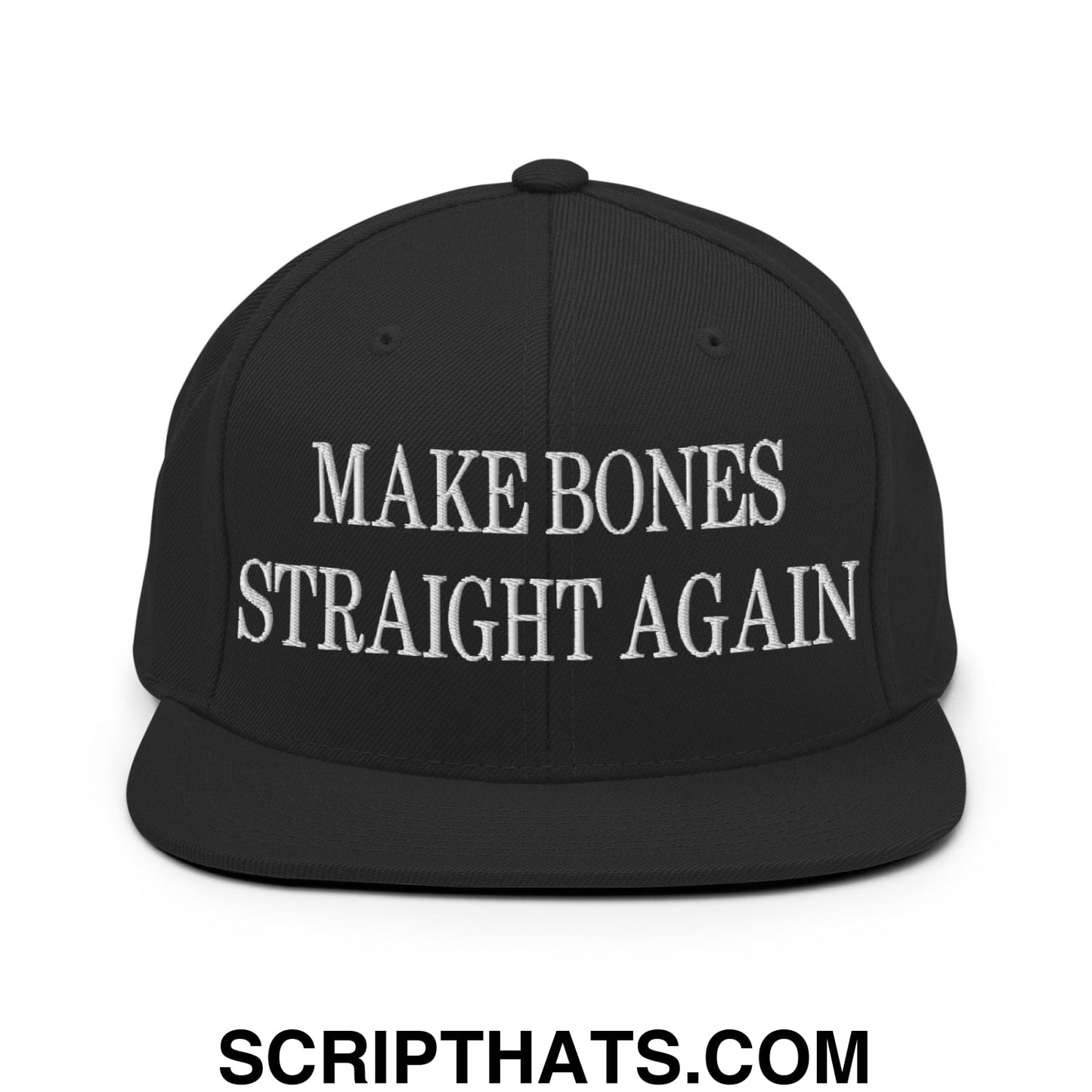 Black snapback cap with white embroidered make bones straight again text and flat bill brim design